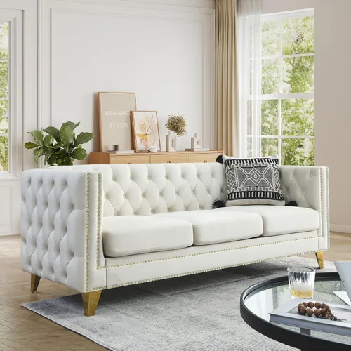 Vista 9 de JEEOHEY Juego de Sofás Chesterfield de 2, Sofá Moderno de Terciopelo con Capitoné y Ribete de Tachuelas, Sofá Tapizado de Asiento Profundo, Sofá