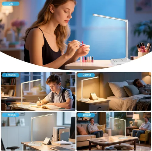 Vista 5 de Lámpara de escritorio LED White Crown regulable, lámpara de mesa para lectura con puerto de carga USB, 5 modos de iluminación, control sensible