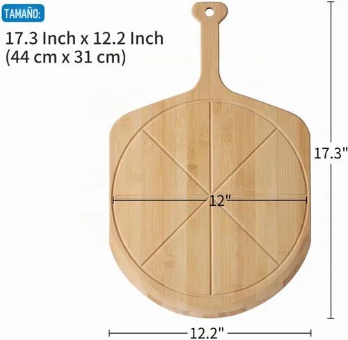 Vista 2 de Fiery Chef - Pala de pizza de bambú de 12 pulgadas con 8 ranuras para rebanadas, 17.3 x 12.2 pulgadas