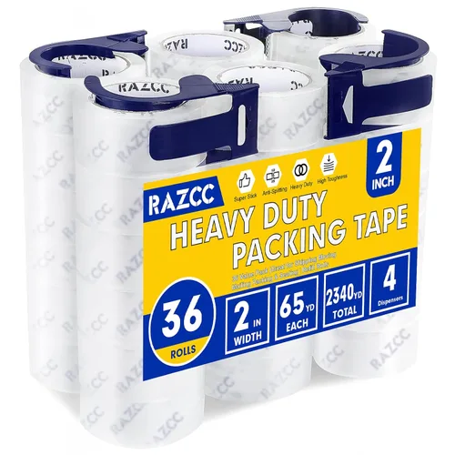 Vista 8 de RAZCC - Cinta de embalaje, 36 rollos de cinta de embalaje transparente resistente con dispensadores para embalaje, envío, mudanzas y correo; cinta