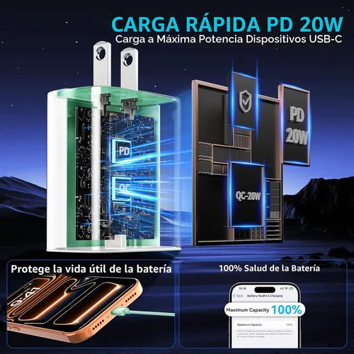 Vista 5 de Cargador para teléfono 17, 16, 15 Pro, carga rápida, 20 W, USB C, bloque de carga rápida con cargadores tipo C de 3 pies de largo, cable de carga