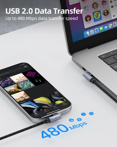 Vista 4 de Cable USB C a USB C en ángulo recto de 0.5 pies, paquete de 3 cables de carga corta USB C de 6 pulgadas, cables de carga rápida de 65 W para iPhone