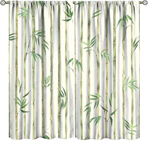 Vista 16 de Cortinas con estampado de bambú verde natural, plantas asiáticas, japonesas, tallos rústicos, hojas, cortina de selva con bolsillo para cortinero
