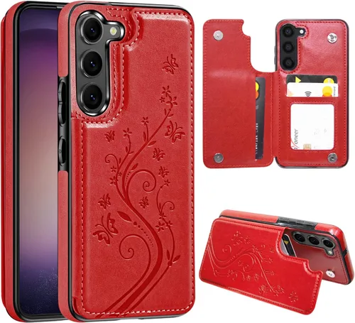 Vista 9 de Korecase - Funda tipo cartera para Samsung Galaxy S23 con tarjetero y tarjetero de piel sintética, diseño de mariposas y flores, color azul