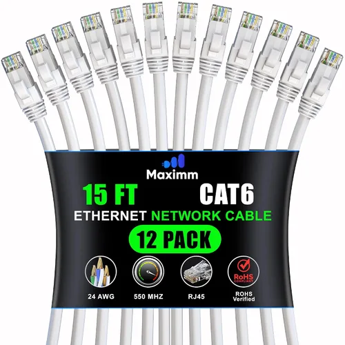 Vista 12 de Maximm Cable Ethernet Cat6 de 7 pies, 10 Gbps 550 MHz, negro, paquete de 12
