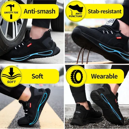 Vista 4 de GLANOUDUN Zapatos de punta de acero para hombres y mujeres, zapatos de seguridad ligeros y cómodos para hombres con punta de acero ancha, zapatos