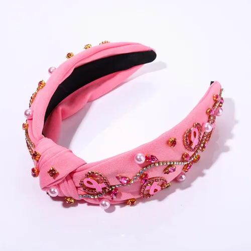 Vista 6 de boderier Diademas de concientización sobre el cáncer de mama para mujer, diadema anudada de cristal, diadema de corazón rosa con cinta de amor