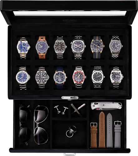 Vista 9 de ROTHWELL Caja de reloj de lujo para 12 relojes, caja de reloj de cuero PU con tapa de vidrio real, cajón deslizable para accesorios con múltiples