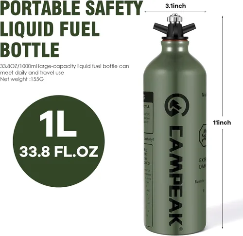 Vista 4 de Botella de combustible 1L para acampar al aire libre con válvula de seguridad, verde militar