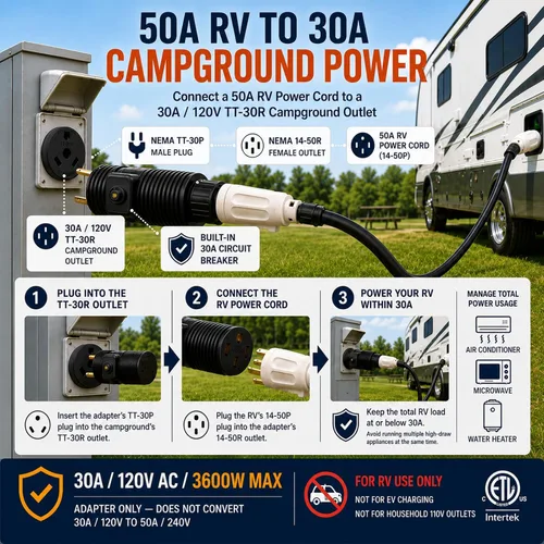 Vista 2 de Adaptador RV de 30 amperios a 50 amperios con disyuntor, TT-30P a 14-50R