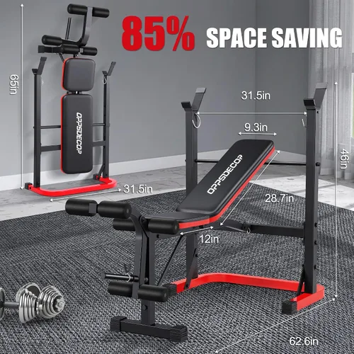 Vista 2 de OPPSDECOR Foldable Weight Bench Set with Preacher Curl Pad and Squat Rack, 660LBS Adjustable Bench Press with Leg Extension and Leg Curl, Incline