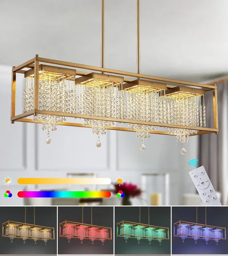 Vista 12 de MEIXISUE Candelabros modernos de cristal K9 RGB LED Rectango, lámparas de araña para comedor, sala de estar, cocina, isla de 33.86 pulgadas de largo