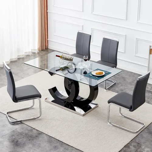 Vista 14 de Juego de mesa de comedor de 63 pulgadas para 4, moderno juego de mesa de comedor de vidrio templado para 4, para el hogar, cocina, sala de estar