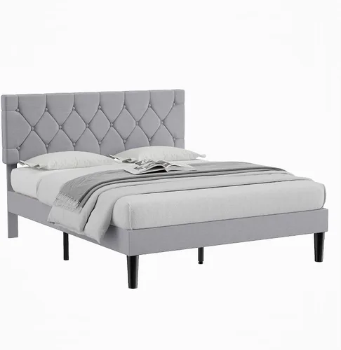 Vista 9 de VECELO Base de cama tamaño Queen con cabecera capitoné con botones, plataforma tapizada con soporte de listones de madera, no necesita somier
