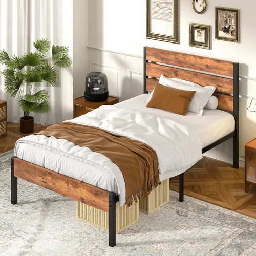 Vista 3 de VECELO Base de cama tamaño individual, plataforma de metal resistente con cabecera de madera, no necesita somier, color marrón antiguo