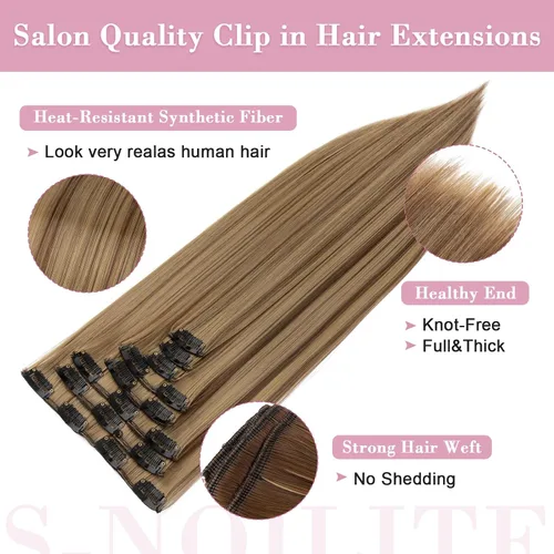 Vista 2 de S-noilite 8 piezas de extensiones de cabello largo con clip para mujer, extensiones de cabello sintético de doble trama, 18 pulgadas, #12H24 Honey