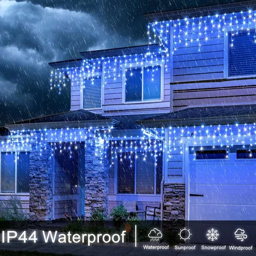 Vista 6 de Luces de Navidad de carámbano para exteriores, 66 pies, 640 luces LED de Navidad azules y blancas, 8 modos con 120 gotas, luz de carámbano