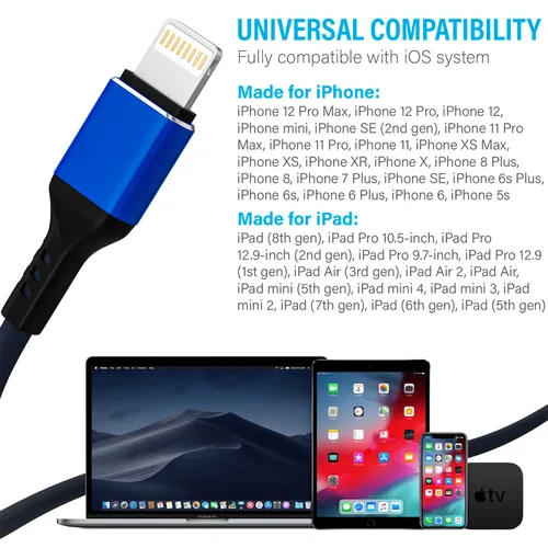Vista 7 de Ironten Cable de carga para iPhone, certificado MFi de Apple, 1 paquete de 6 pies, color azul, largo, de carga rápida, sincronización de datos