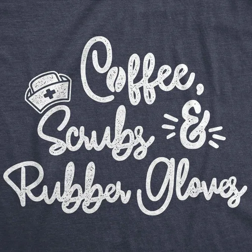 Vista 2 de Camiseta divertida para mujer Coffee Scrubs con guantes de goma, Azul marino (Heather Navy)