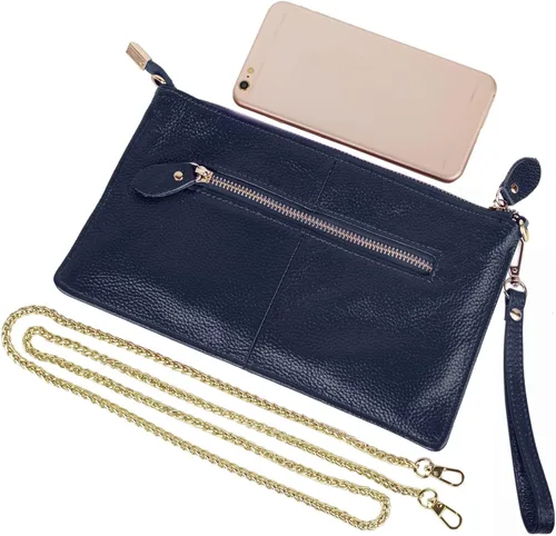 Vista 6 de YALUXE Clutch Wristlet - Cartera de piel auténtica con bloqueo RFID y cadena de hombro