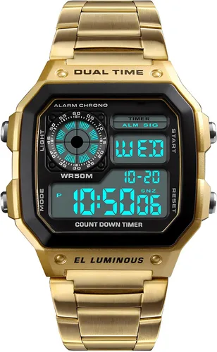 Vista 16 de PASOY Reloj de pulsera digital multifunción para hombre, con hora doble, alarma, cronómetro, cuenta regresiva, retroiluminación, resistente al agua