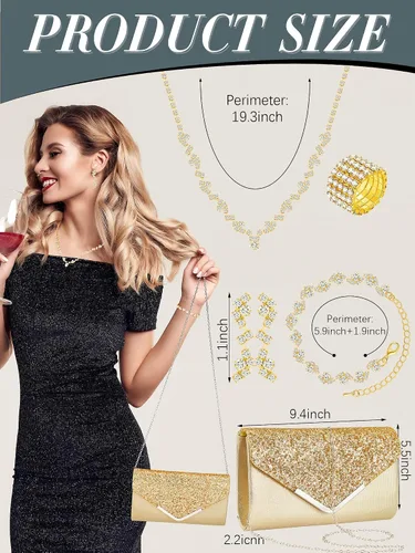 Vista 2 de Henoyso Juego de 5 piezas de joyería de diamantes de imitación con diamantes de imitación, bolso de mano para novia, graduación, collar, aretes