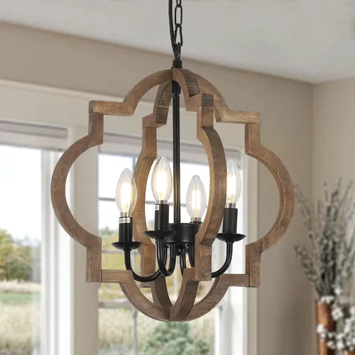 Vista 9 de Lámparas de araña de granja, lámparas de 4 luces para comedor sobre la mesa, lámparas de araña de madera maciza para comedor, lámparas rústicas