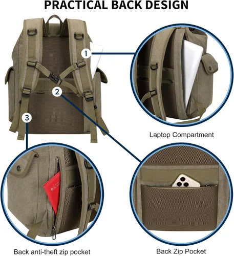 Vista 6 de WITZMAN Mochila de lona para hombre, mochila vintage para laptop de 15.6 pulgadas, mochila de viaje de alta capacidad casual (A8004 verde militar)