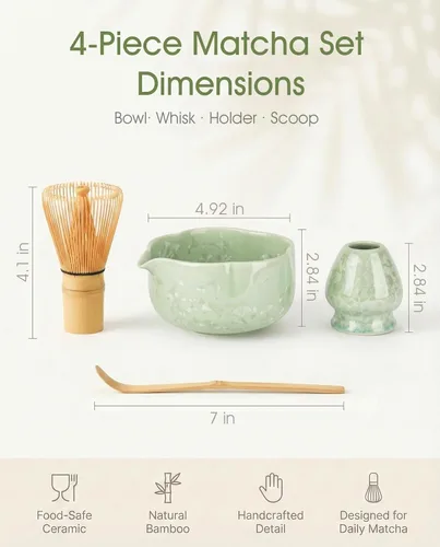 Vista 4 de Juego de batidor de matcha, kit de 4 piezas con cuenco de matcha de cerámica, batidor de bambú, soporte para batidor, scroop - Juego completo de té