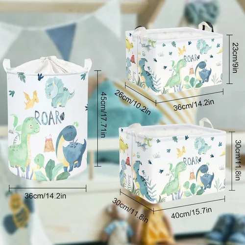 Vista 7 de Clastyle Adorable acuarela verde dinosaurio estante cesta volcán hoja de palma plegable cubo de almacenamiento rectangular ropa libros juguetes cubo