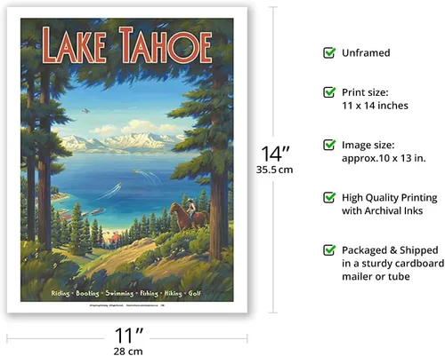 Vista 2 de Kerne Erickson - Póster de viaje vintage de Kerne Erickson Lake Tahoe California, equitación, barco, natación, pesca, senderismo, golf, impresión