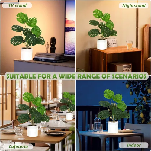 Vista 6 de RECUTMS Plantas falsas altas de 18 pulgadas con luz artificial Monstera planta palmera tropical en maceta blanca de imitación vegetación en maceta