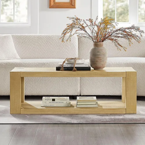 Vista 29 de Mesa auxiliar moderna de madera rústica de 2 niveles, mesas de noche compactas para sala de estar, mesita de noche rectangular minimalista