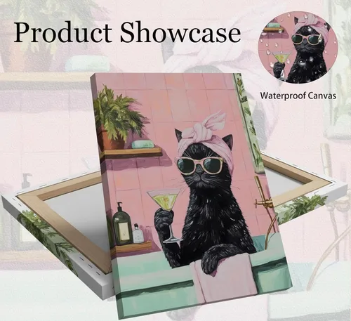 Vista 3 de Divertido lienzo de baño negro con diseño de gato negro para pared, póster de lindo gato en la bañera, pintura de animales caprichosos, imagen