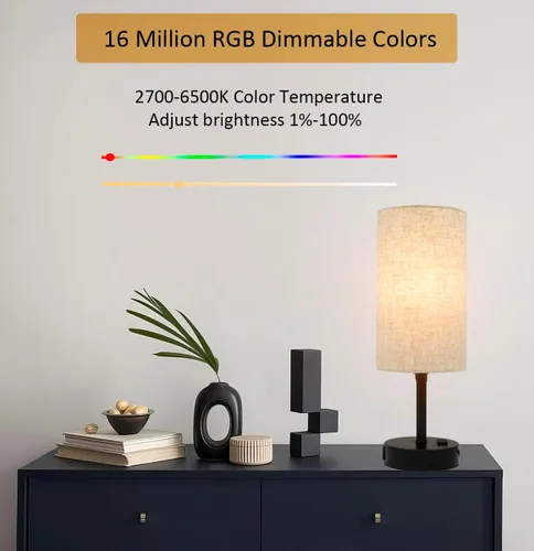 Vista 4 de Lámpara de mesa inteligente funciona con HomeKit, Siri, Alexa, Google Assistant, lámpara inteligente de mesita de noche con salida de CA y puertos