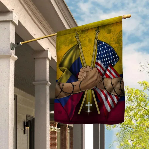 Vista 2 de Banderas colombianas con apretón de manos, bandera estadounidense, amistad, Estados Unidos, Colombia, parte colombiana, bandera de casa cristiana