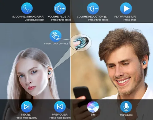 Vista 5 de Auriculares inalámbricos V5.3 Bluetooth compatibles con pantalla LED Xiaomi Redmi Note 10, micrófono 8D Bass IPX4 impermeable/resistente al sudor