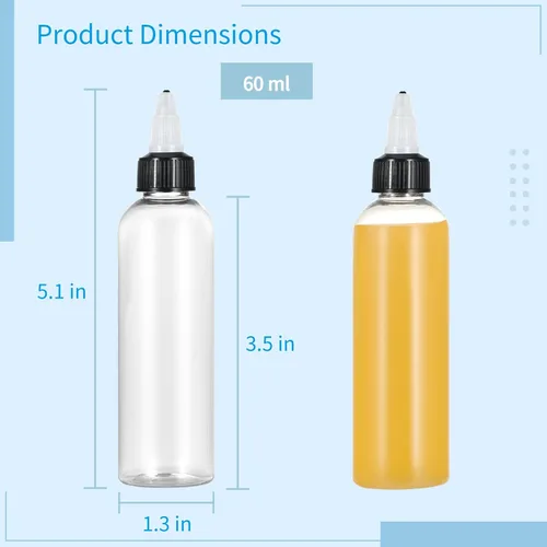 Vista 5 de 24 botellas dispensadoras transparentes de 2 onzas, botellas de plástico exprimibles con tapas giratorias para aceites, tintas y líquidos
