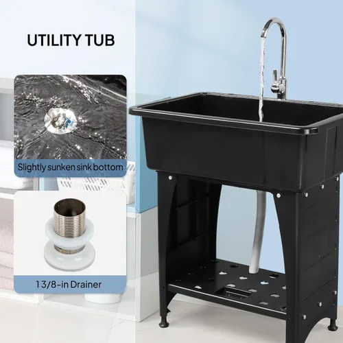 Vista 5 de ROVSUN Fregadero utilitario de plástico negro de 20 galones con grifo de agua caliente y fría, capacidad de carga de 150 libras, altura y versión