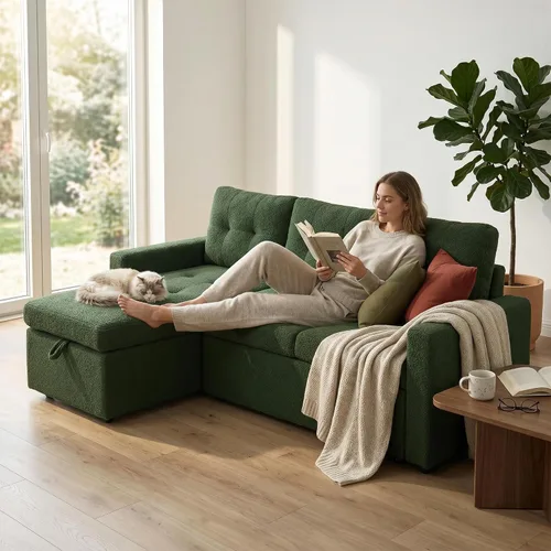 Vista 8 de HIPIHOM Sleeper Sectional Sofa with Pull-Out Bed, Reversible Storage Chaise Dark Green