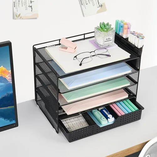 Vista 3 de LEKETREE Organizador de escritorio y accesorios, organizador de bandejas de papel de 5 niveles con cajón y 2 soportes para bolígrafos
