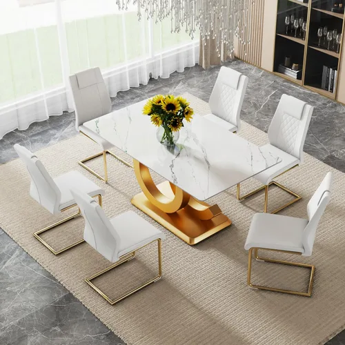 Vista 20 de Ebullient Juego de Mesa de Comedor Moderno para 4, Juego de 5 Piezas de Mesa de Comedor y Sillas para 4, Tablero de Mesa de Mármol PDLB y Base