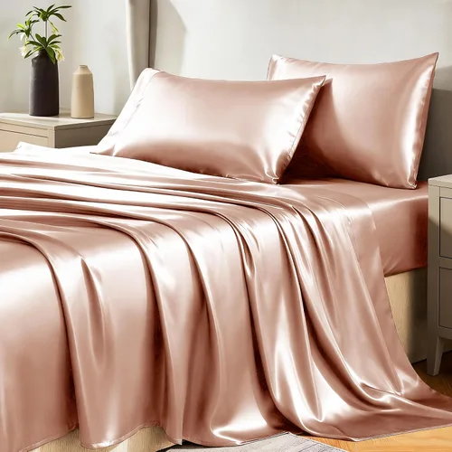 Vista 19 de Juego de sábanas de satén CozyLux de microfibra sedosa con bolsillo profundo, sábana bajera plana y fundas de almohada, suave y suave