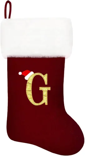 Vista 49 de Calcetines de Navidad bordados de 20 pulgadas con monograma, terciopelo negro con puño de felpa blanca supersuave, adornos clásicos para decoración