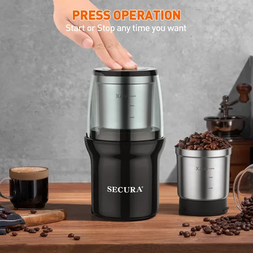 Vista 4 de Secura - Molinillo eléctrico para especias, cuencos duales de acero inoxidable para molienda húmeda y seca, uso múltiple para especias y café Negro