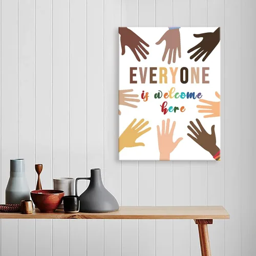 Vista 6 de Lienzo enmarcado con texto en inglés "Everyone Is Welcome Here", decoración de pared de diversidad multicultural para la escuela, aula, guardería