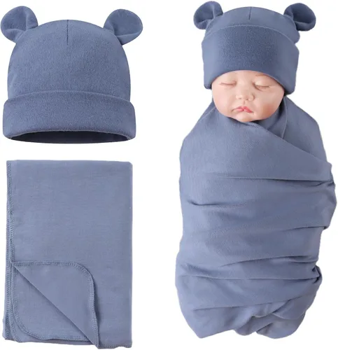 Vista 12 de PESAAT Conjunto de gorro de algodón para bebé, sombreros para recién nacidos, mantas de recepción para bebés niños y niñas Verde militar