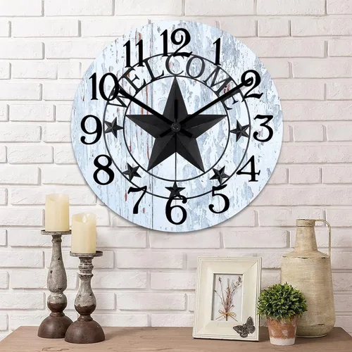 Vista 10 de Reloj de pared decorativo de 10 pulgadas con estrella del oeste de Texas, reloj de madera rústico, silencioso, sin tictac, funciona con pilas, reloj