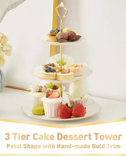 Vista 2 de DUJUST Lujo Soporte para Magdalenas de Porcelana de 3 Niveles en Forma de Torre, Bandeja de Servir de Estilo Británico con Borde Dorado, Soporte