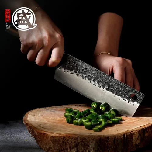 Vista 8 de MITSUMOTO SAKARI Cuchillo japonés Nakiri de 7 pulgadas, acero SKD-11 Wide 2mm Nakiri blade for vegetable push cuts, 3-layer SKD-11 steel, textured